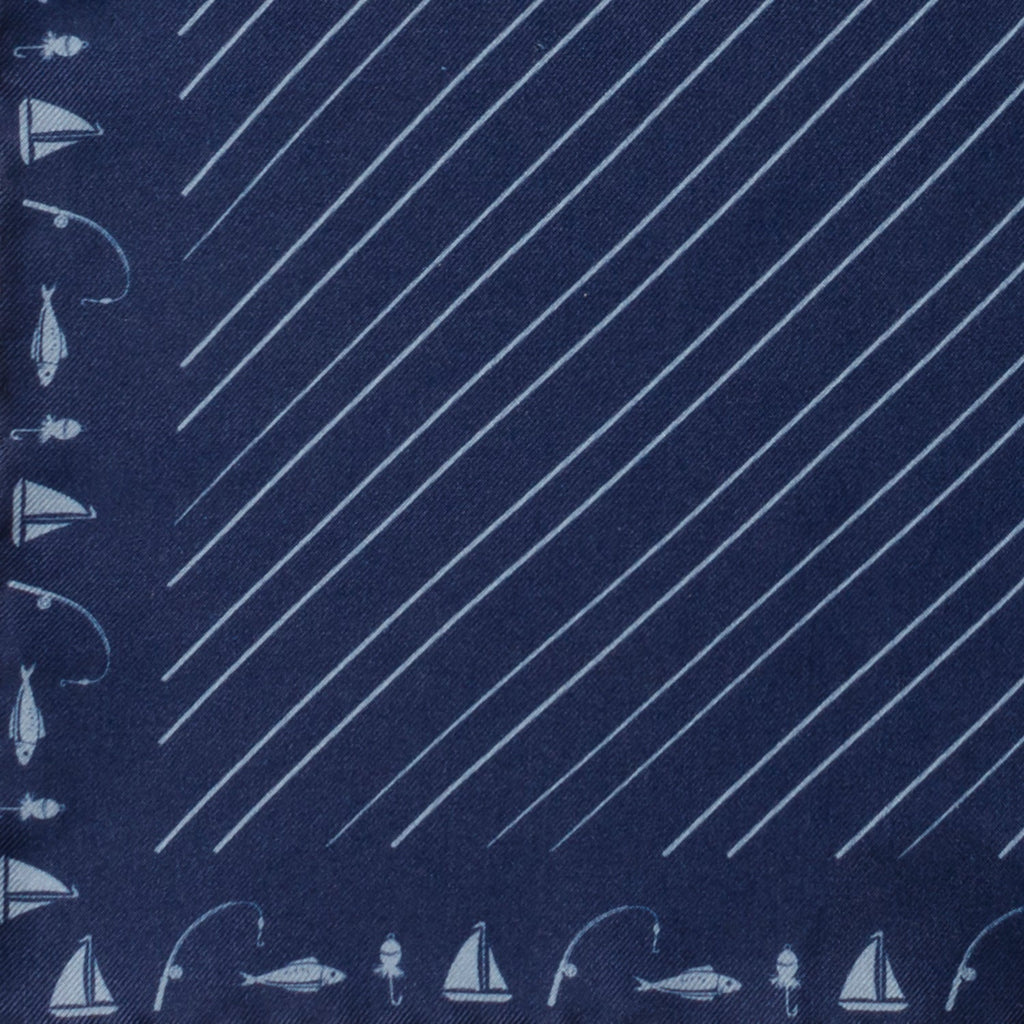 Nautical Navy Blue Silk Pocket Square with Fishing Theme - Image 5