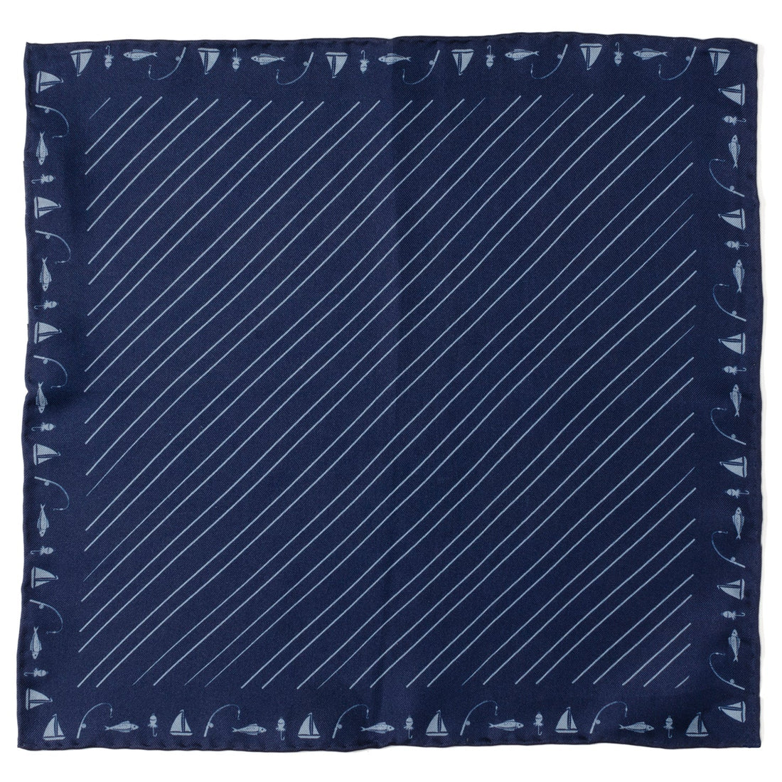 A navy blue silk pocket square with a light blue diagonal stripe and a border pattern of sailboats, fishing poles, and fish.