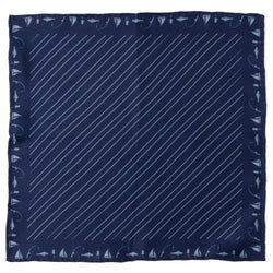 A navy blue silk pocket square with a light blue diagonal stripe and a border pattern of sailboats, fishing poles, and fish.