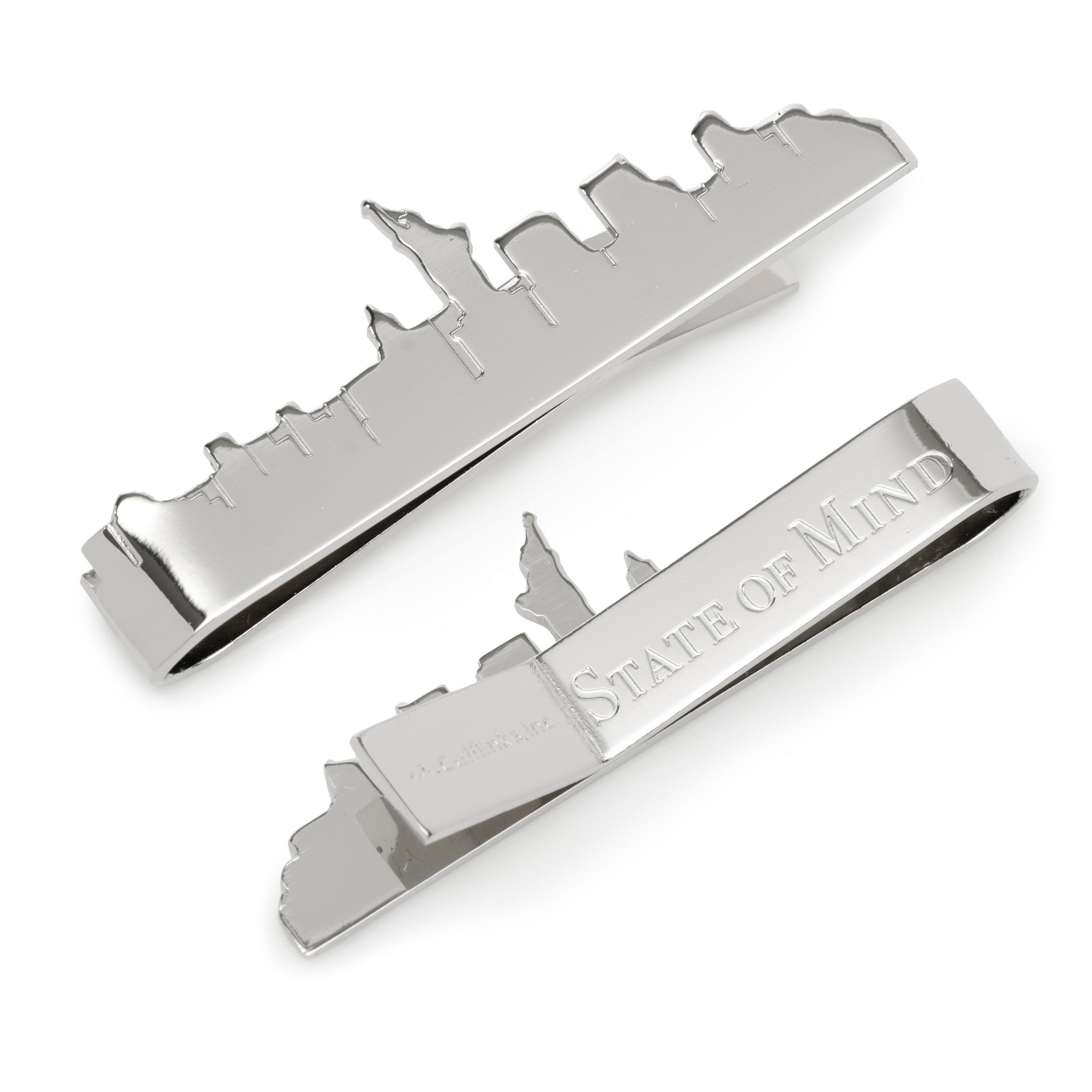 Polished silver tie bar shaped like the New York City skyline with State of Mind engraving on the back