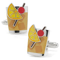 A pair of Old Fashioned cocktail cufflinks featuring an orange slice, straw, and cherry on an amber background with a silver bullet back closure.