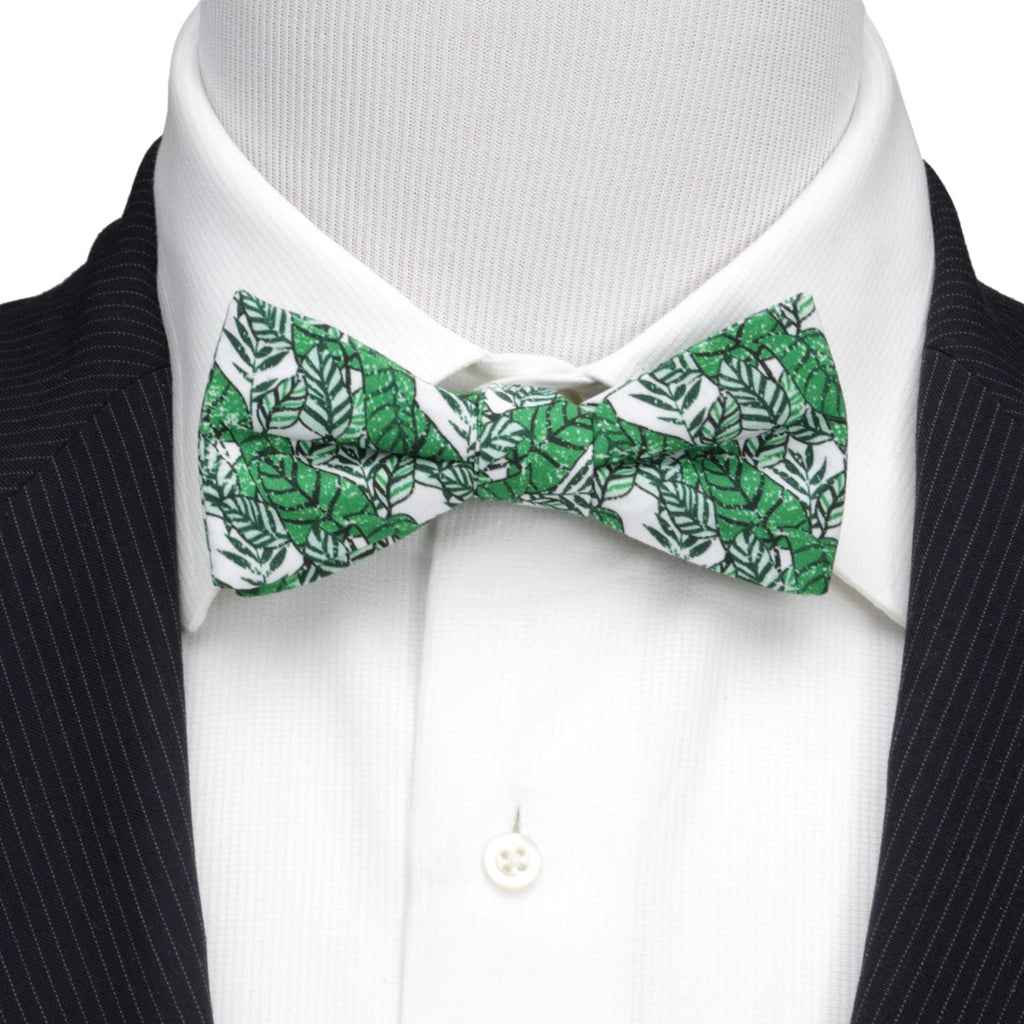 Green and White Palm Leaf Print Cotton Pre-Tied Bow Tie - Image 2