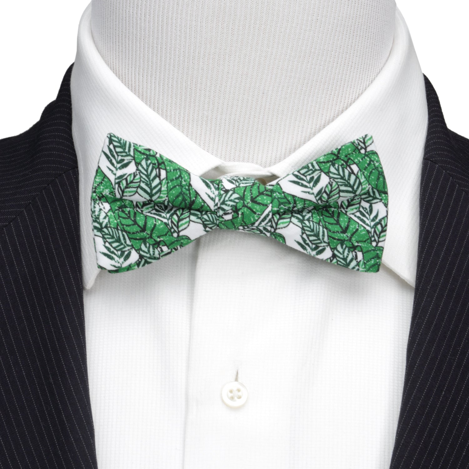 Green and White Palm Leaf Print Cotton Pre-Tied Bow Tie - Image 2