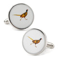 Round silver-tone cufflinks featuring a pheasant bird illustration on a white background