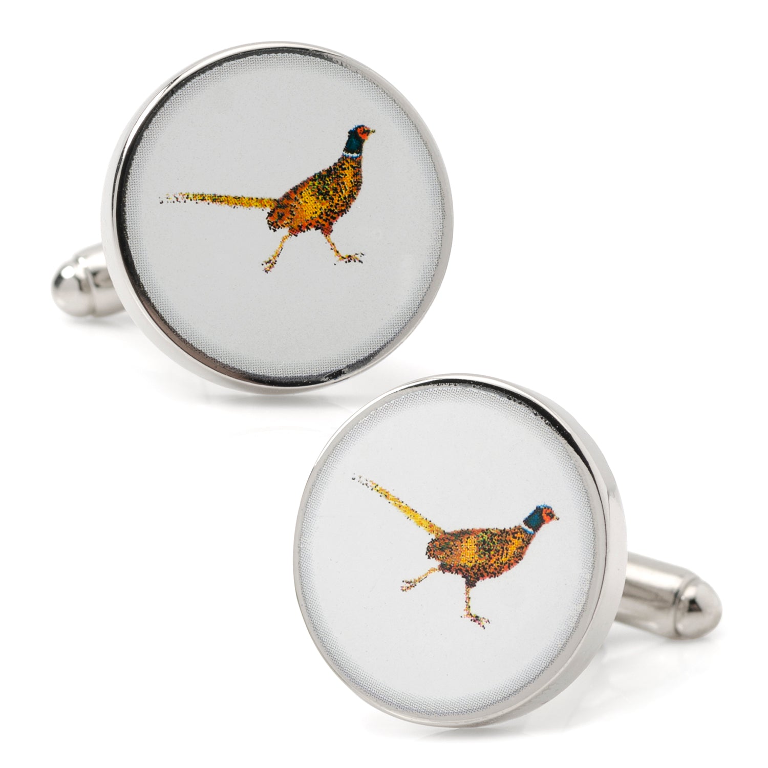 Round silver-tone cufflinks featuring a pheasant bird illustration on a white background