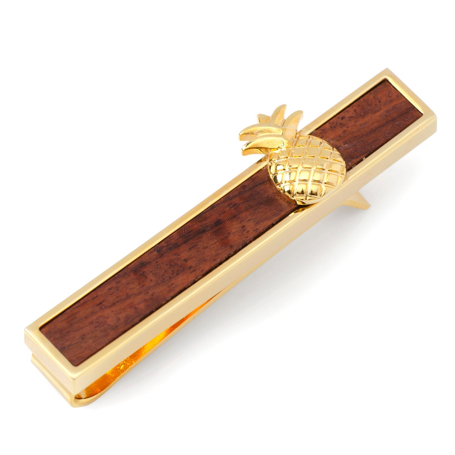 A gold-toned sliding tie bar with a dark wood inlay and a small, gold pineapple icon attached to the side.
