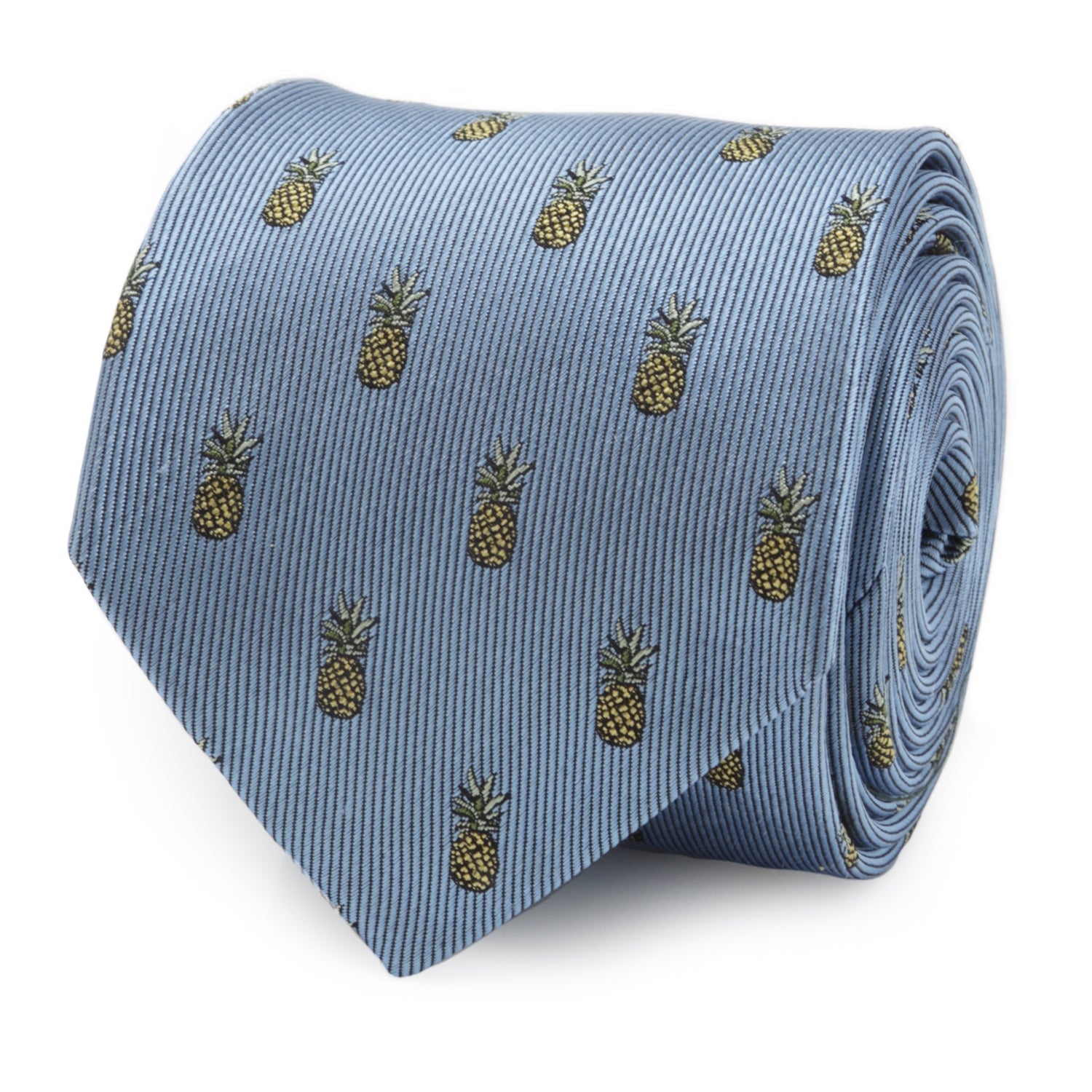 Close up of a light blue silk necktie with a repeated yellow and green pineapple pattern.