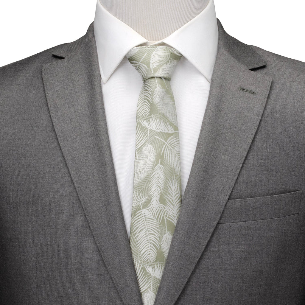 Palm Leaf Light Sage Necktie Silk Blend Tropical Pattern - Image 2