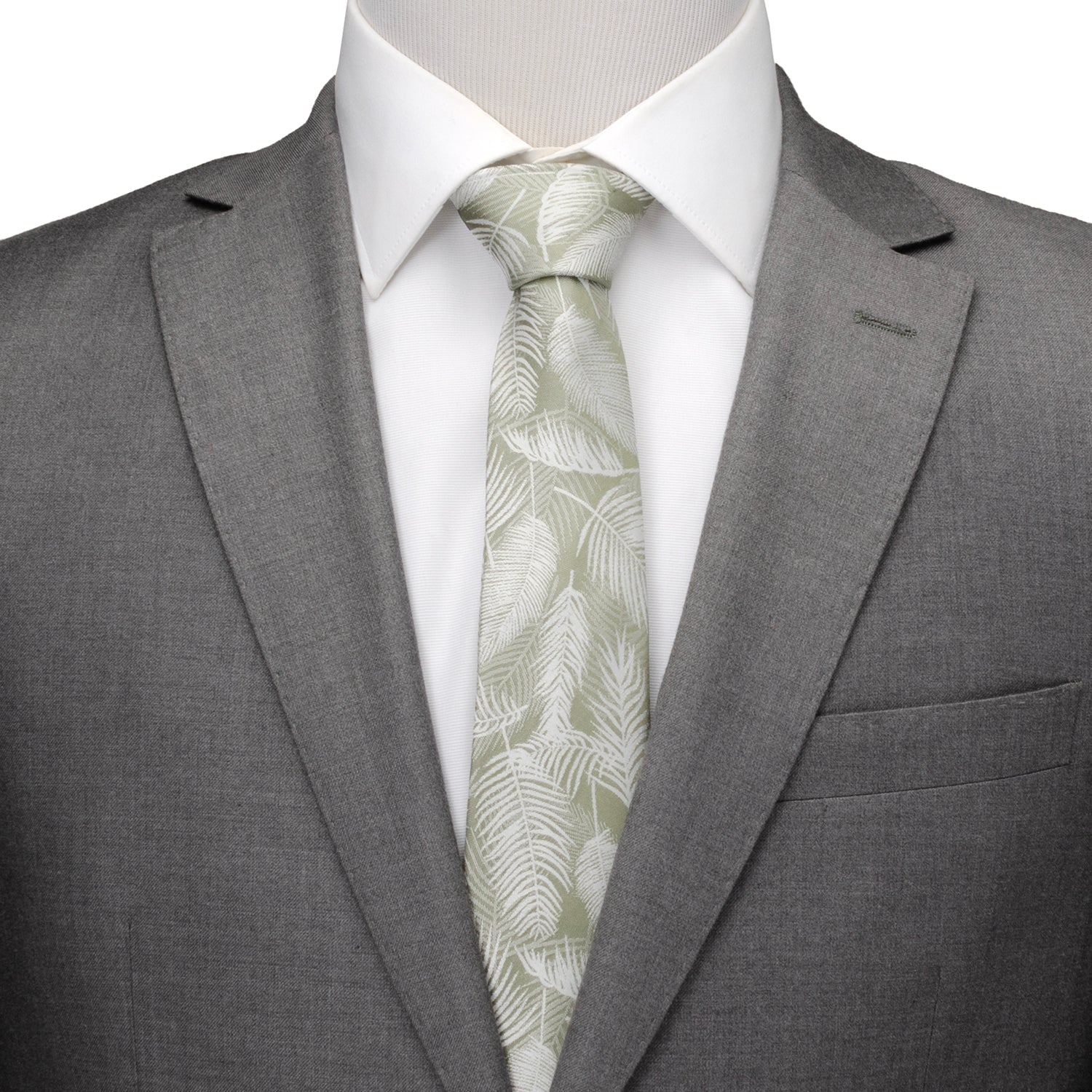 Palm Leaf Light Sage Necktie Silk Blend Tropical Pattern - Image 2