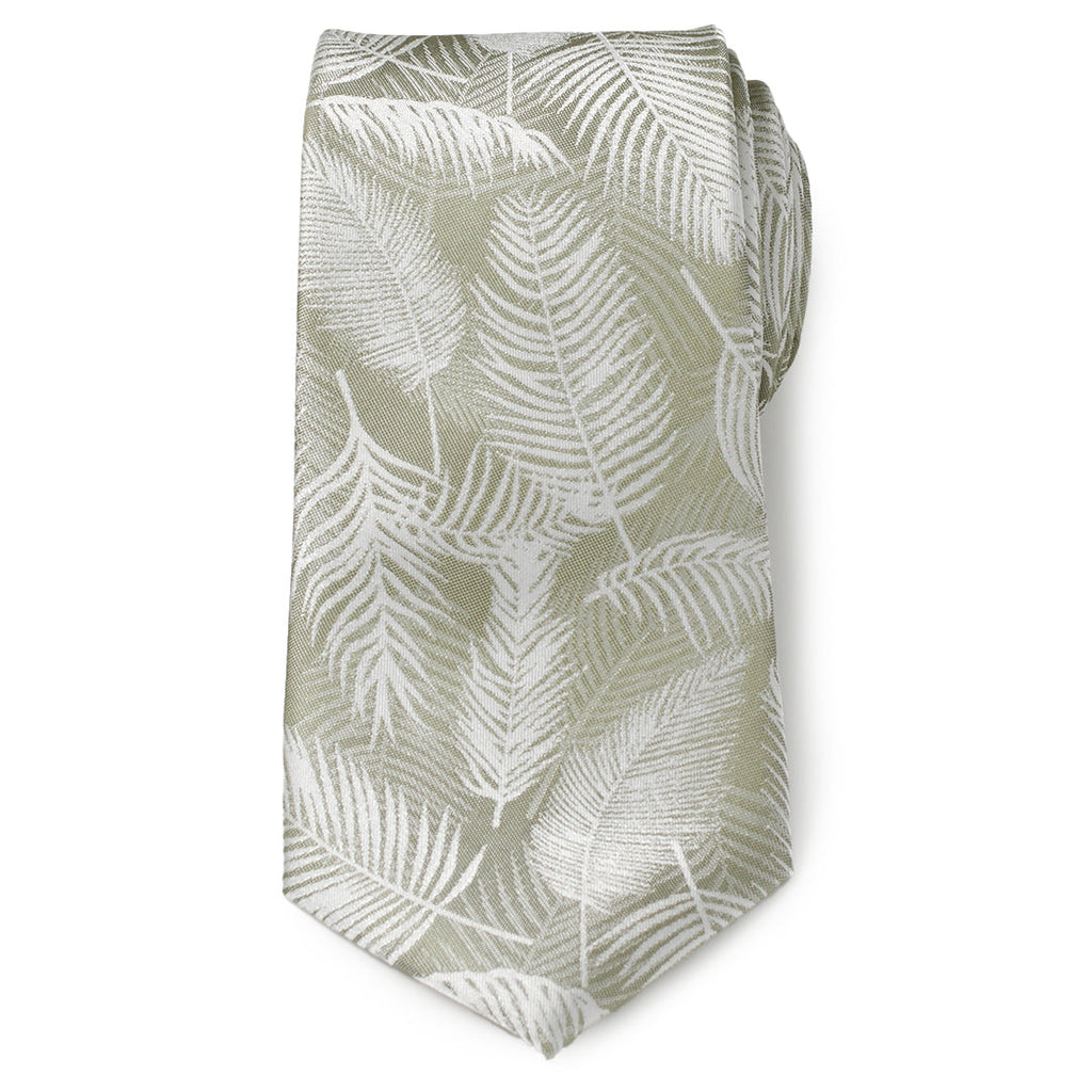 Palm Leaf Light Sage Necktie Silk Blend Tropical Pattern - Image 3