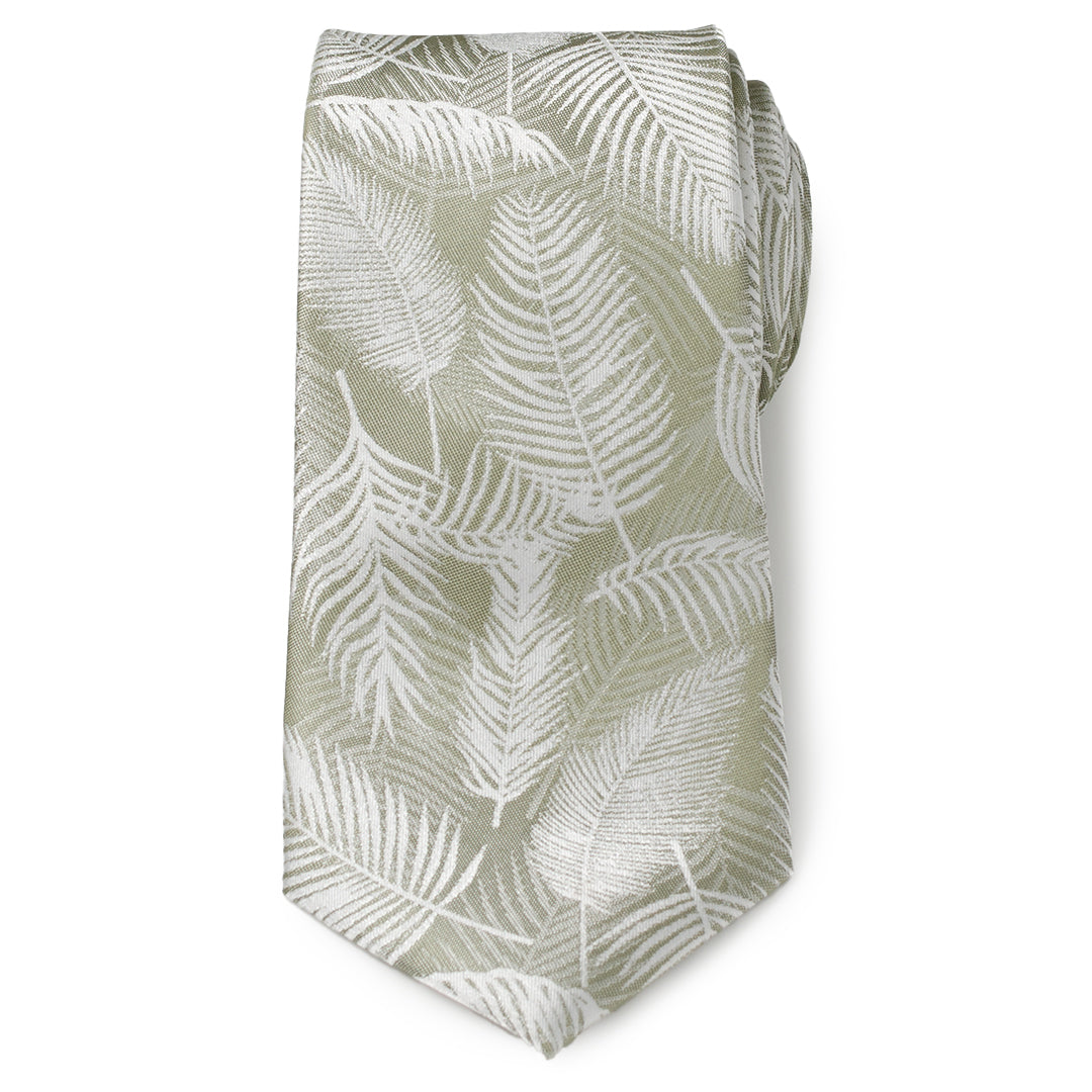 Palm Leaf Light Sage Necktie Silk Blend Tropical Pattern - Image 3