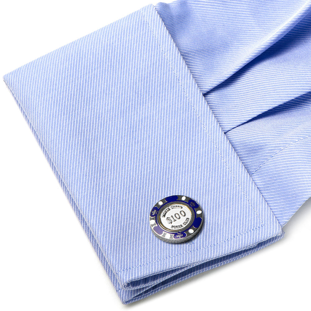 Purple $100 Poker Chip Cufflinks with Silver Plated Finish - Image 3