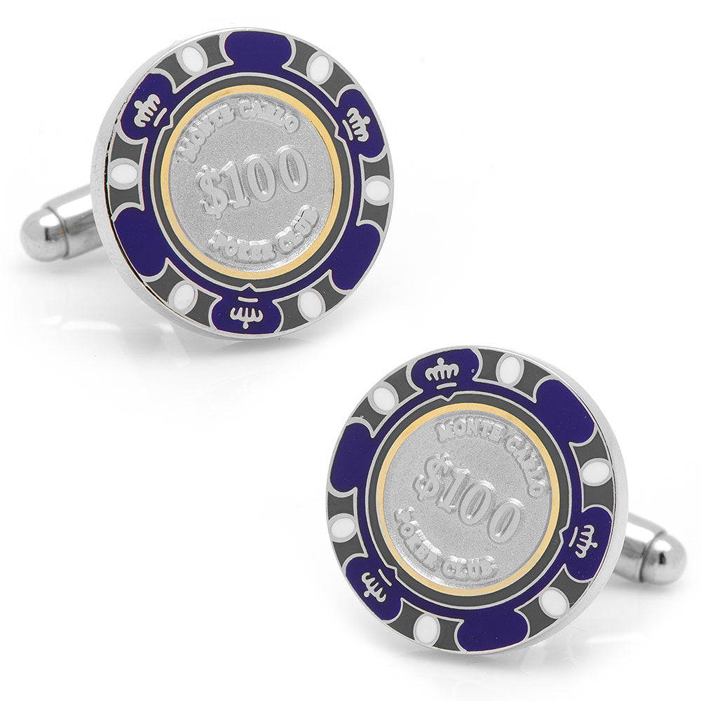 A pair of purple $100 Monte Carlo poker chip cufflinks with a silver-plated finish on a white background.