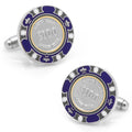 A pair of purple $100 Monte Carlo poker chip cufflinks with a silver-plated finish on a white background.