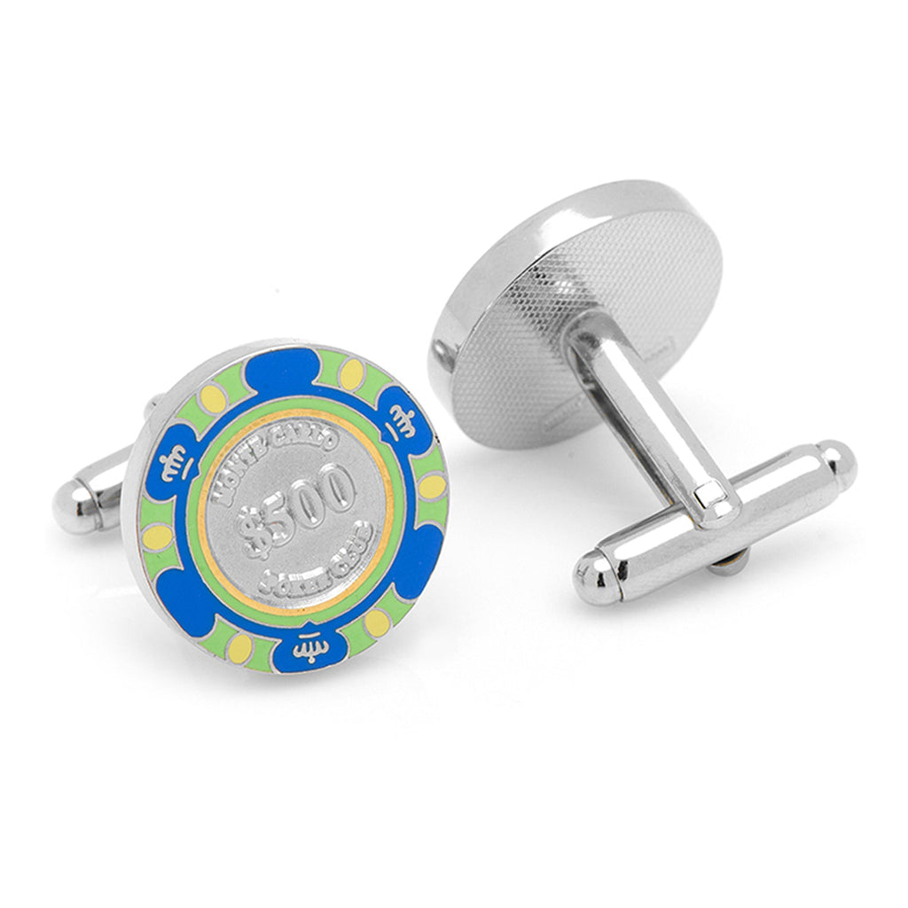 Blue $500 Poker Chip Cufflinks Silver Plated Poker Theme - Image 2