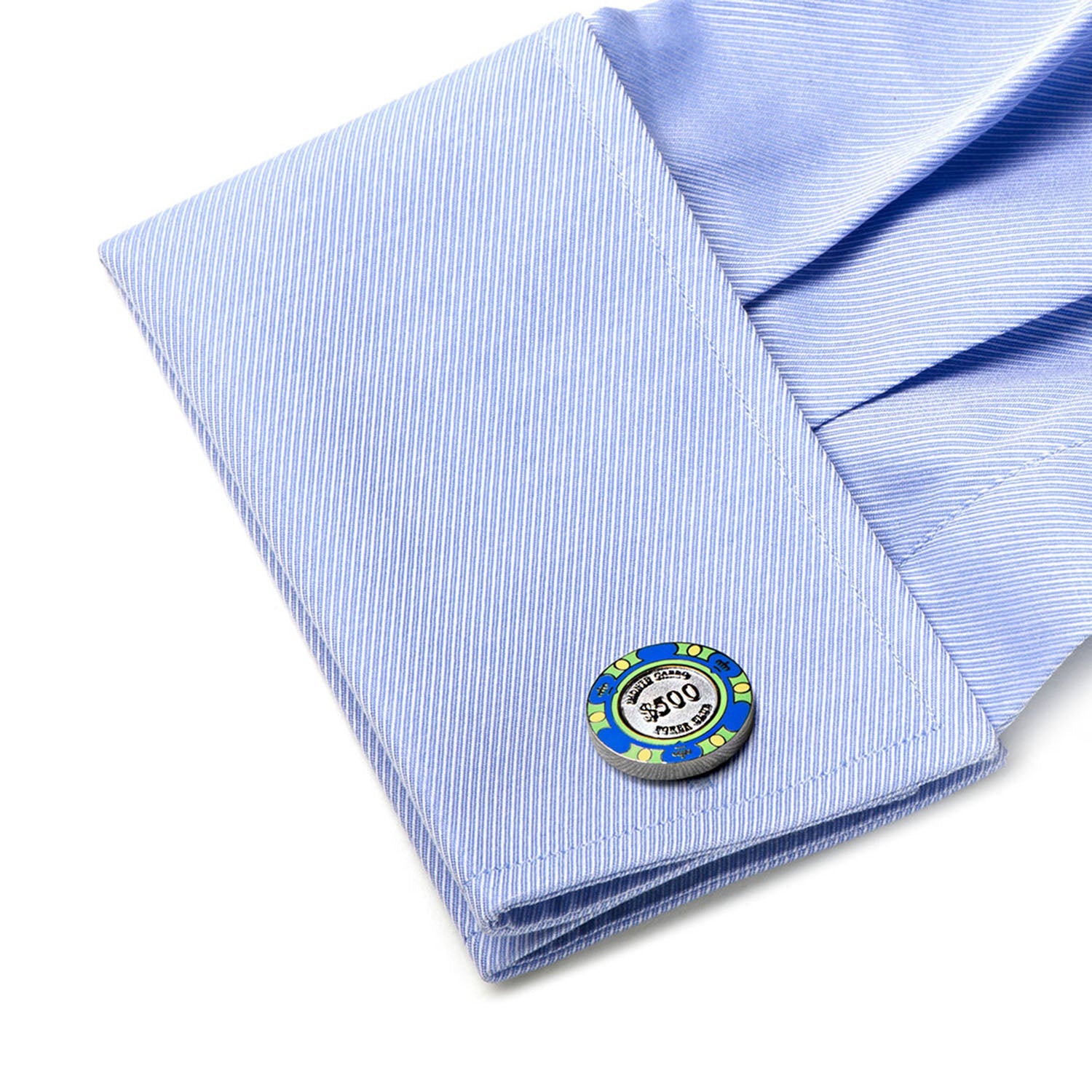 Blue $500 Poker Chip Cufflinks Silver Plated Poker Theme - Image 3