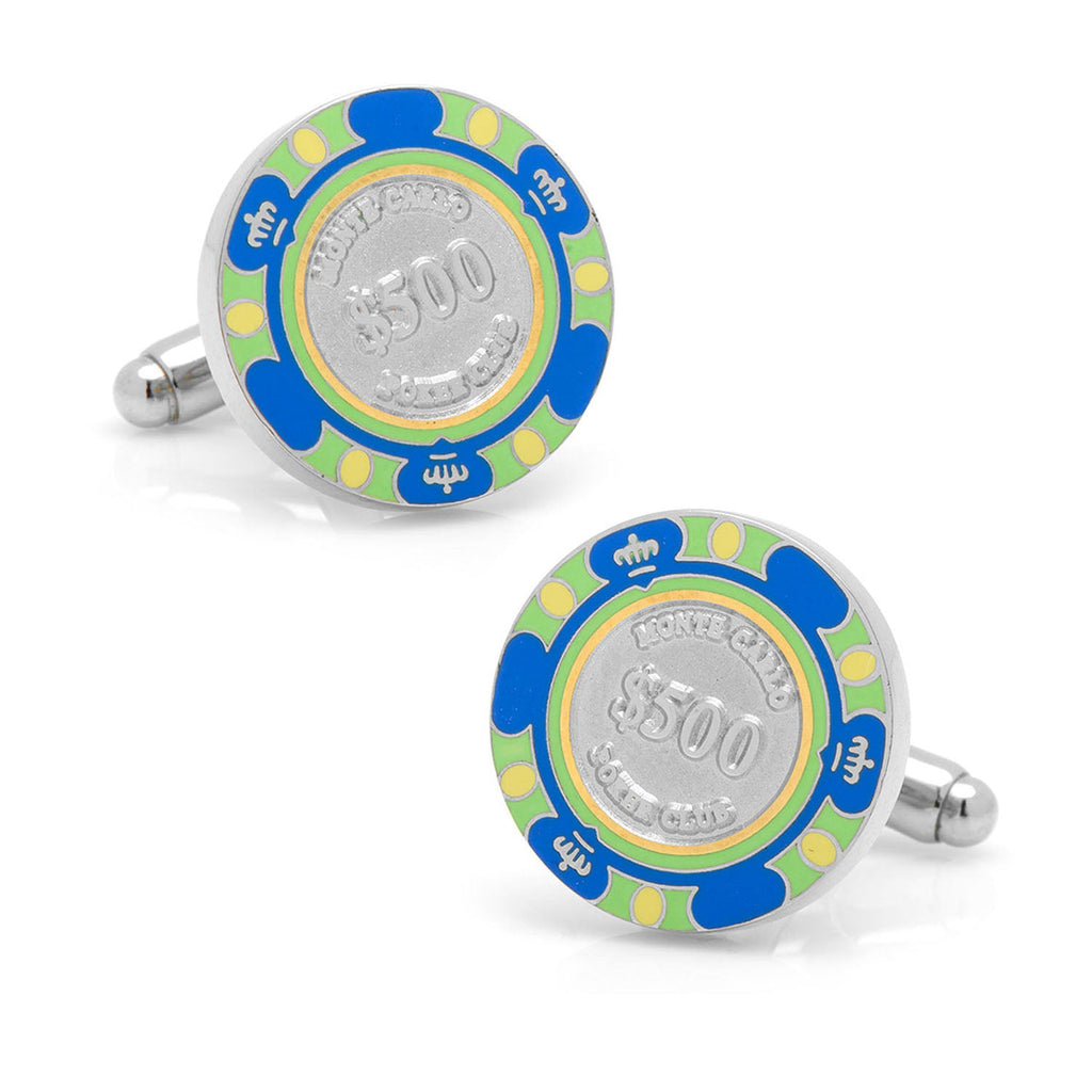 A pair of silver plated cufflinks featuring a $500 blue poker chip design.