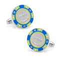 A pair of silver plated cufflinks featuring a $500 blue poker chip design.