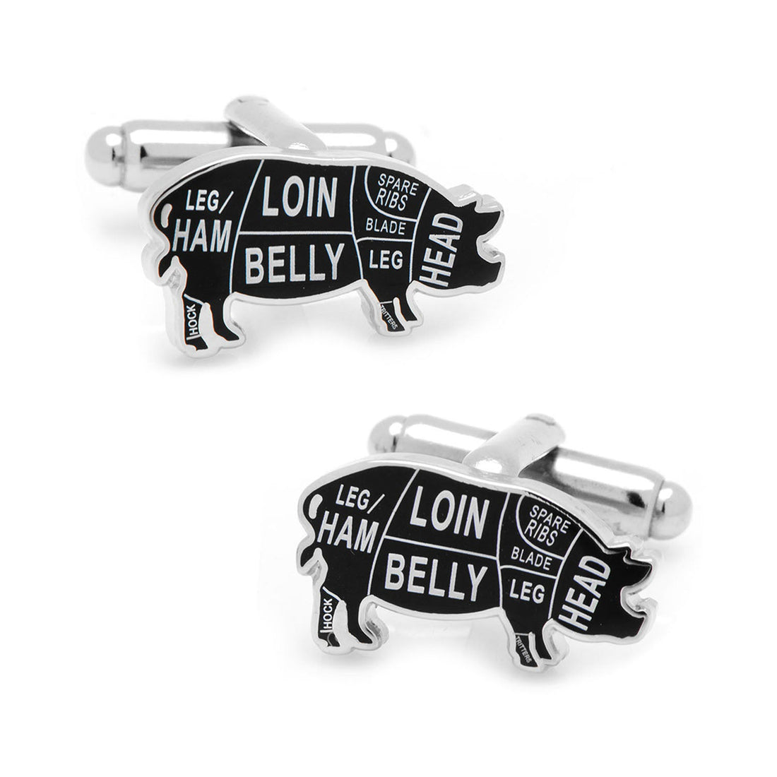 A pair of Pork Butcher Cuts cufflinks featuring detailed meat cuts on a silver-tone metal background.