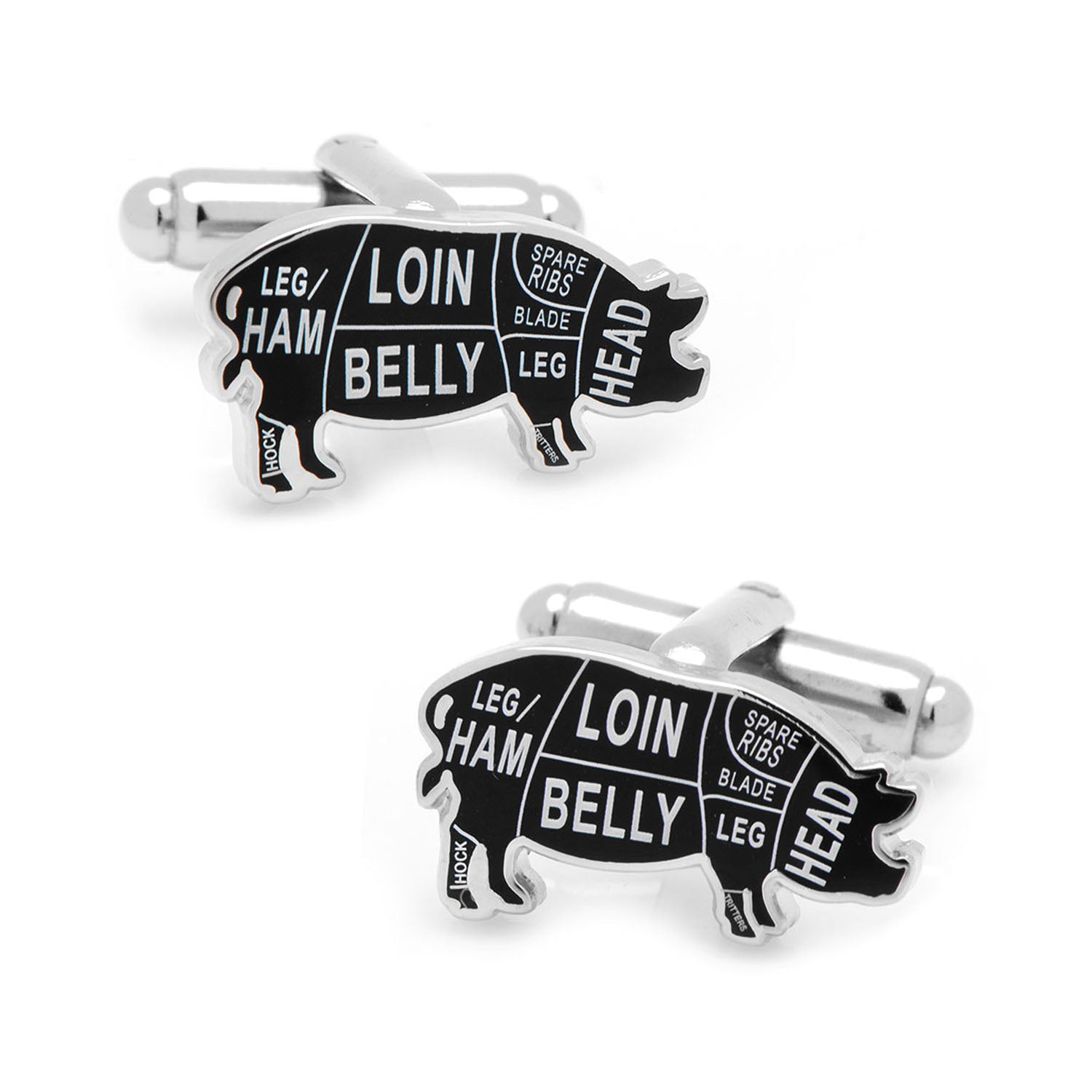 A pair of Pork Butcher Cuts cufflinks featuring detailed meat cuts on a silver-tone metal background.