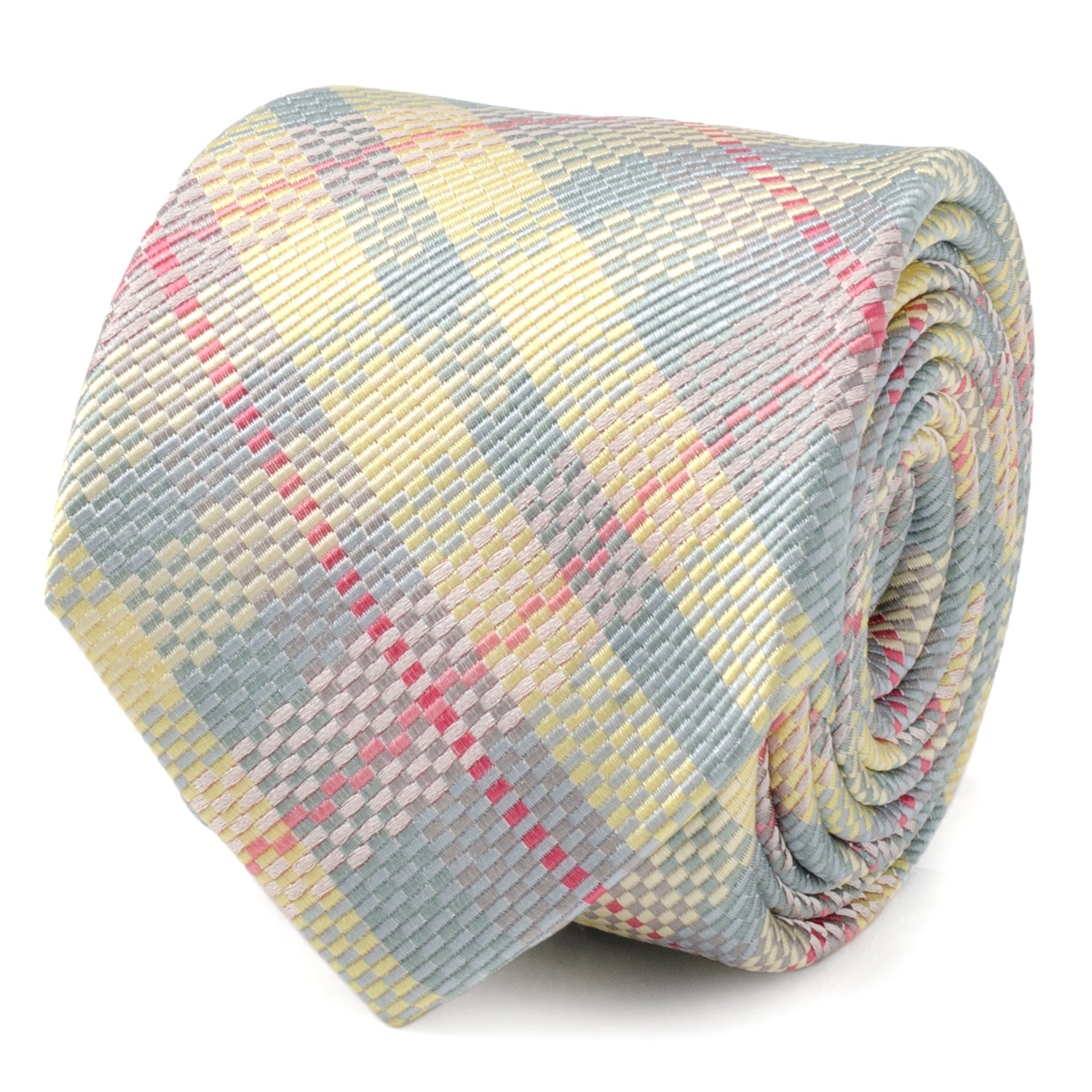 Close up of a rolled silk necktie with a pastel plaid pattern in pink, yellow, and blue.