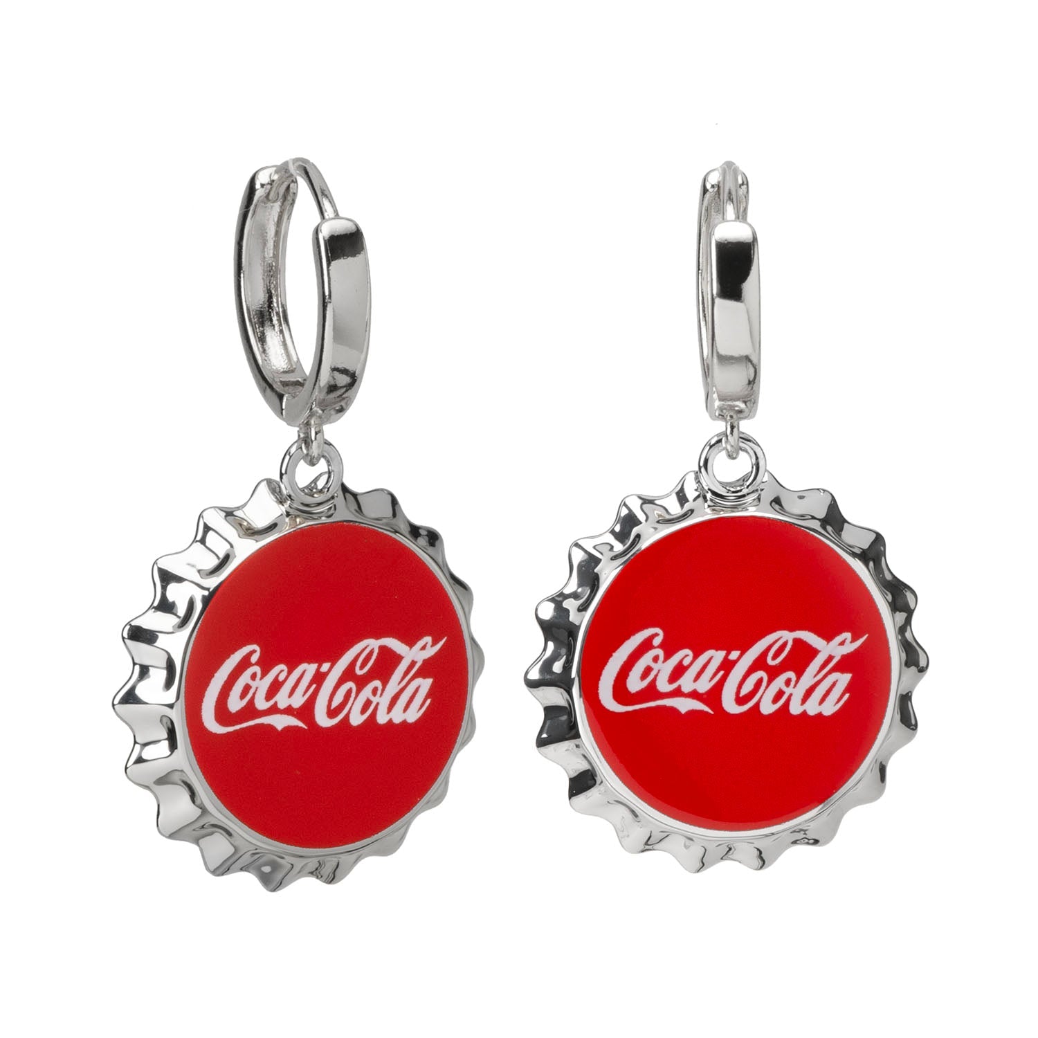 A pair of silver-tone Coca-Cola bottle cap dangle earrings with red enamel and white Coca-Cola logo.