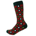 A pair of red and green checkered crew socks featuring a pattern of small white and light green Christmas trees.