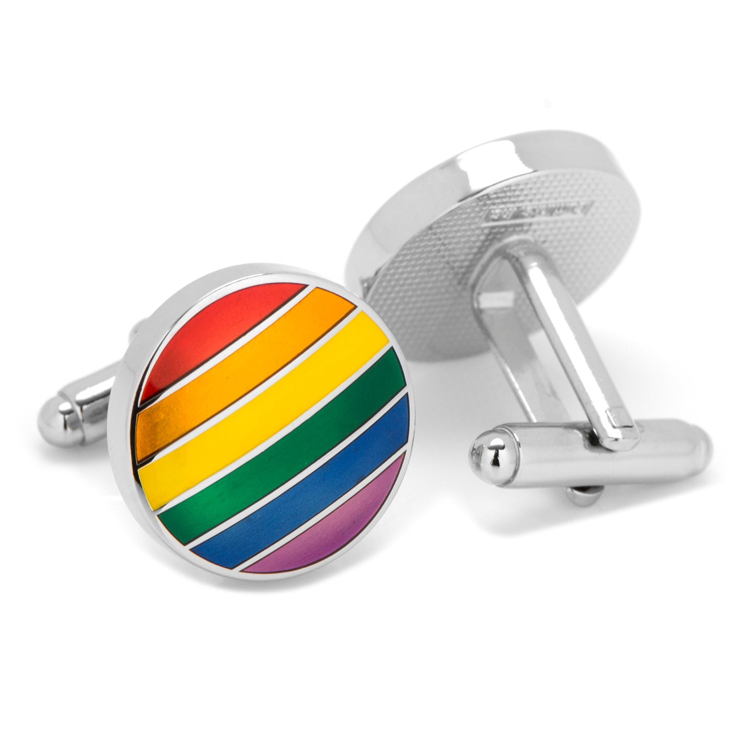 Rainbow Stripe Round Cufflinks with Silver Tone Base Metal - Image 2