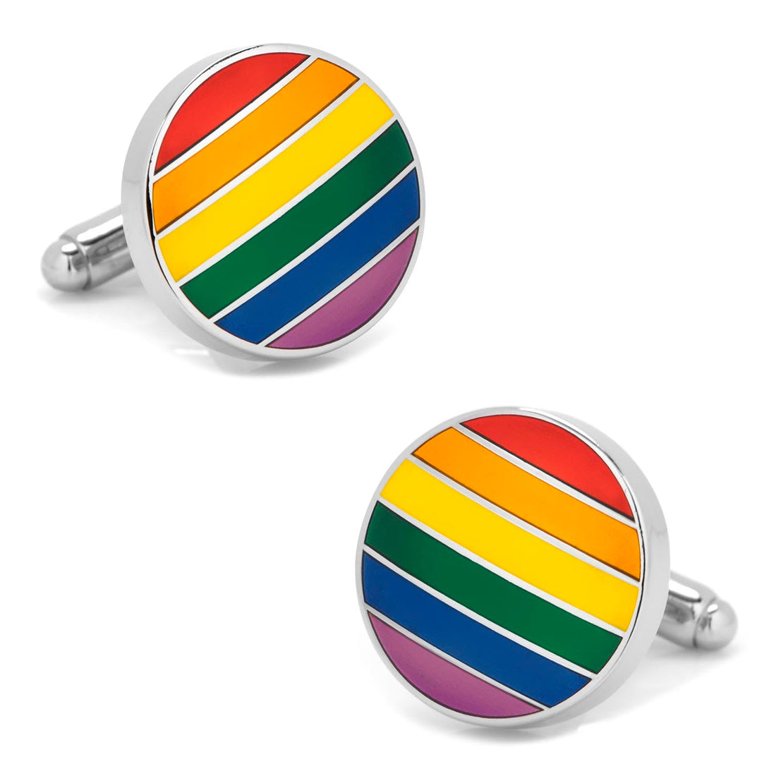 Round cufflinks with a vibrant rainbow striped pattern set in a silver tone metal backing