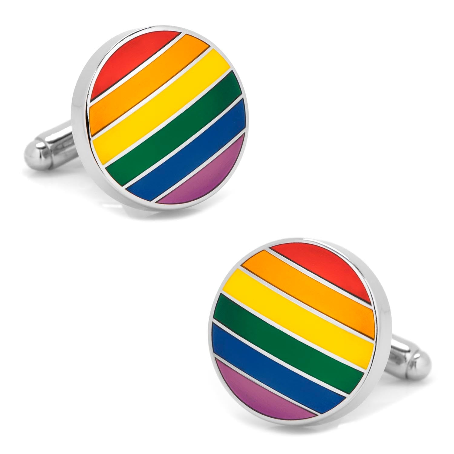 Round cufflinks with a vibrant rainbow striped pattern set in a silver tone metal backing