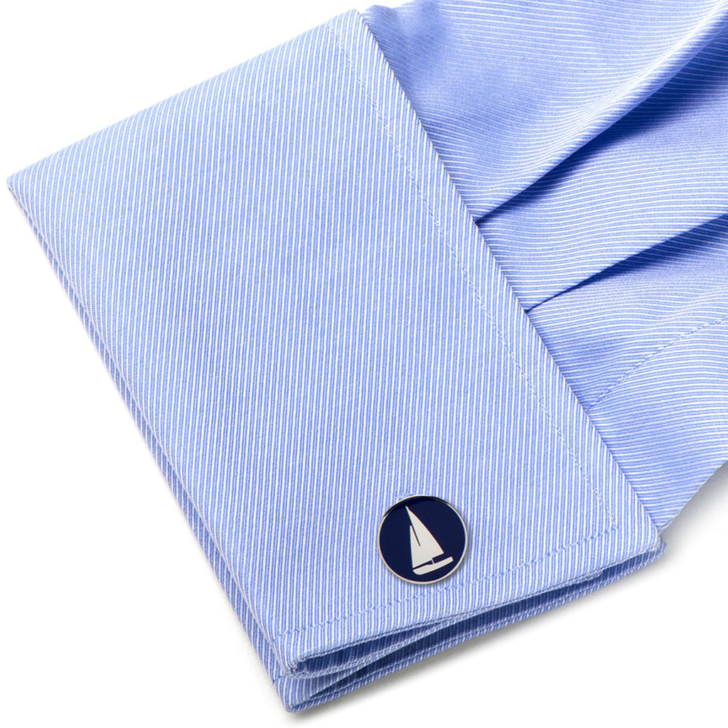 Navy Blue and Silver Sailboat Round Cufflinks for Boating Fans - Image 3