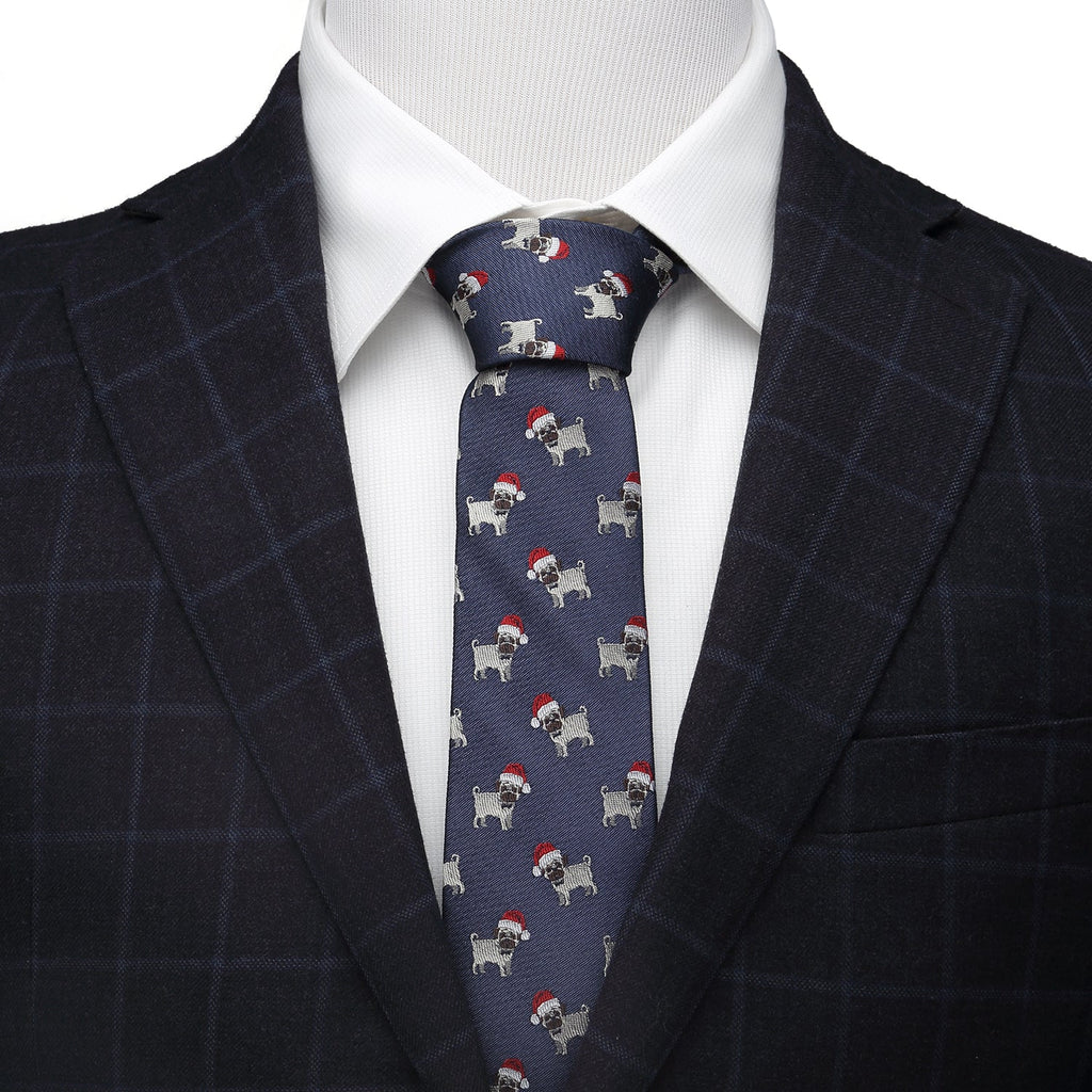 Navy Blue Santa Pug Holiday Silk Necktie for Men - Image 2