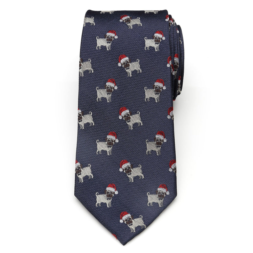 Navy Blue Santa Pug Holiday Silk Necktie for Men - Image 3