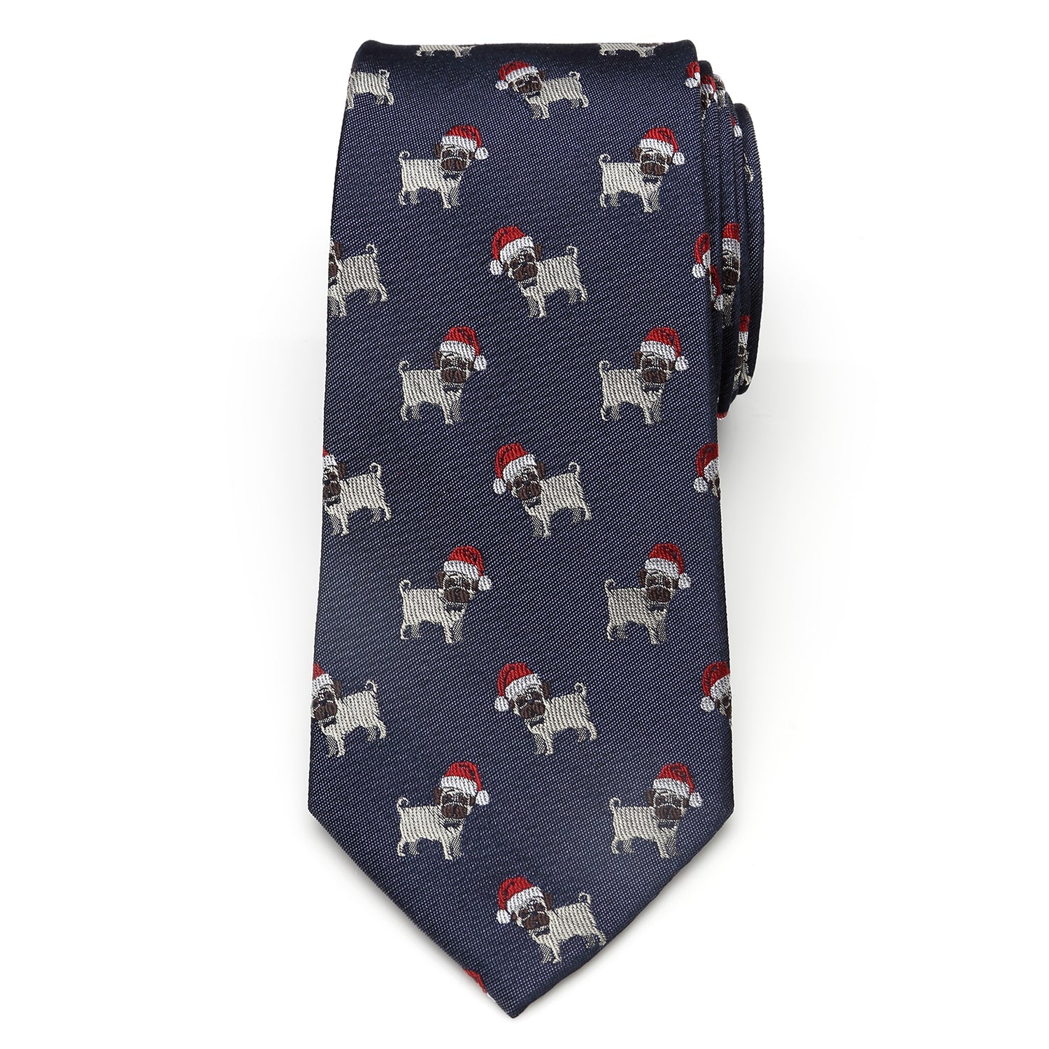 Navy Blue Santa Pug Holiday Silk Necktie for Men - Image 3