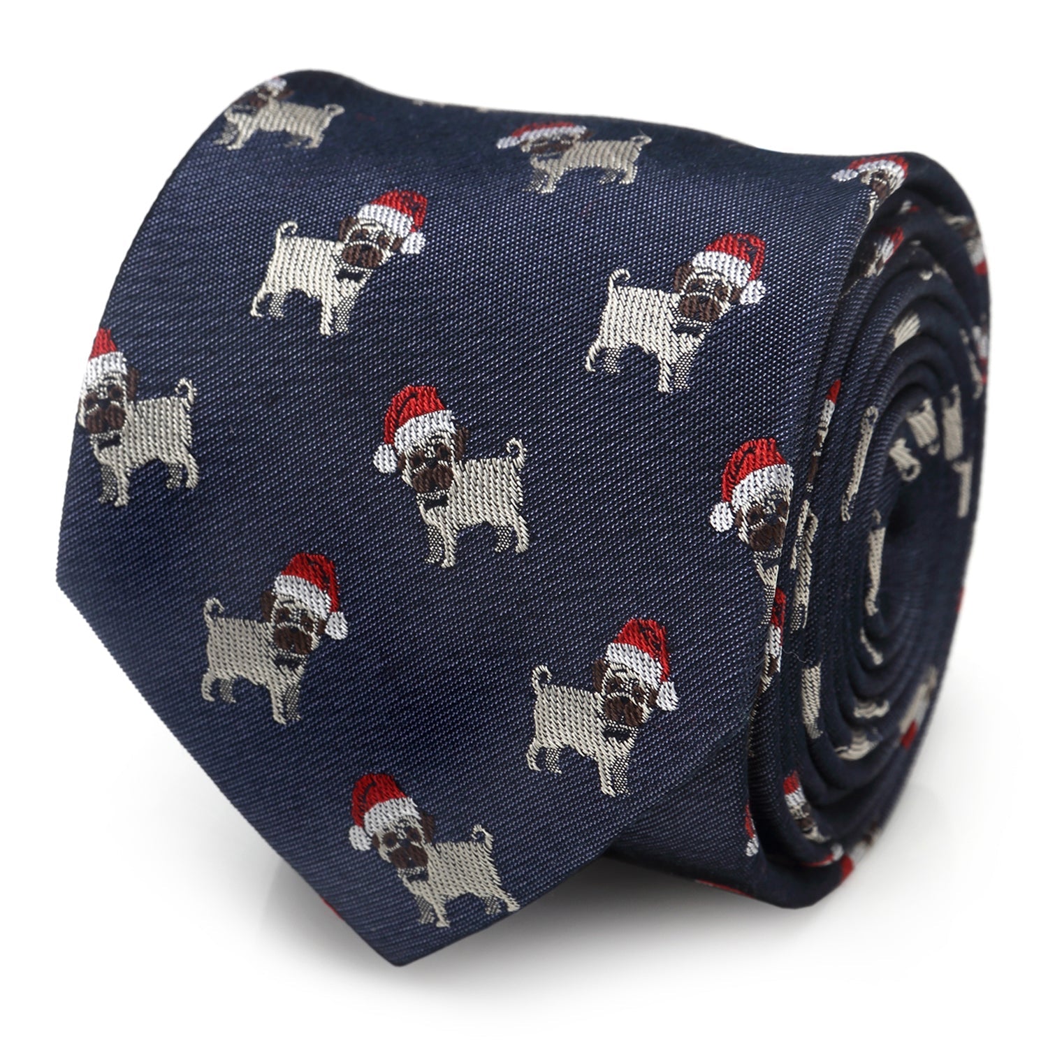 Close-up of a navy blue necktie featuring an all-over print of pugs wearing Santa hats, coiled on a white background.