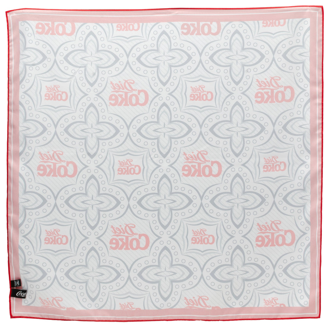 Diet Coke Satin Scarf with Grey Geometric Print and Red Border - Image 2