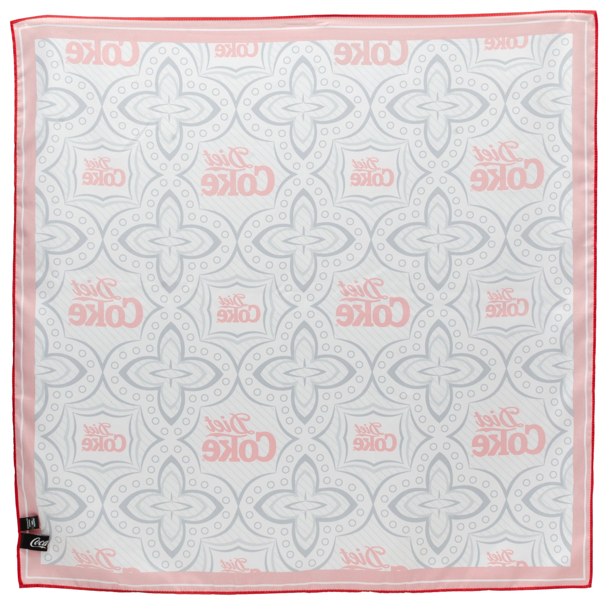 Diet Coke Satin Scarf with Grey Geometric Print and Red Border - Image 2