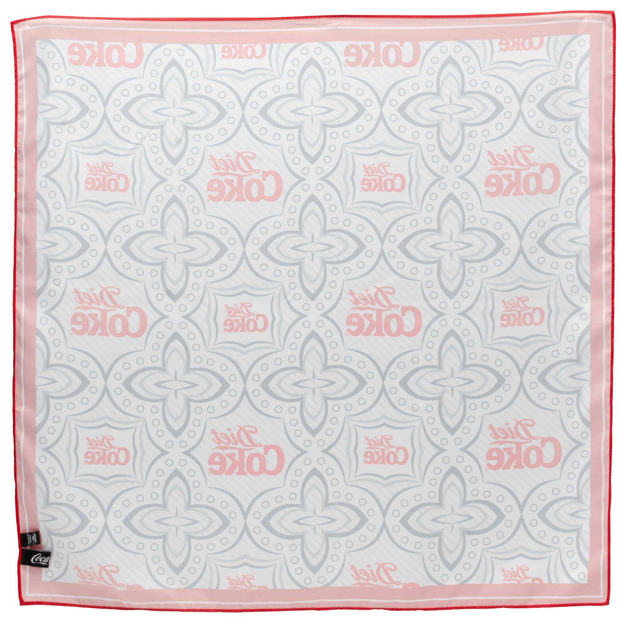 Diet Coke Satin Scarf with Grey Geometric Print and Red Border - Image 2