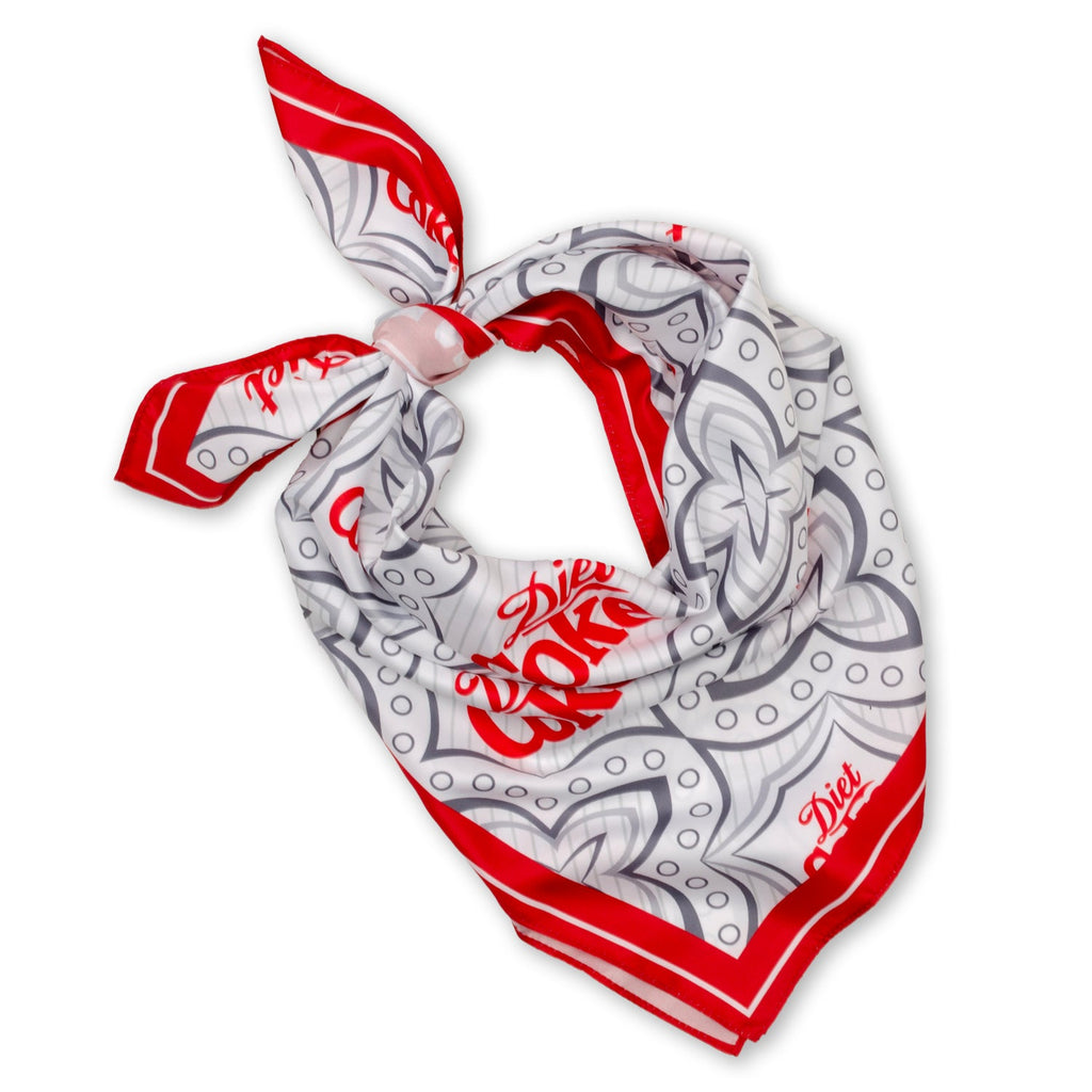 Diet Coke Satin Scarf with Grey Geometric Print and Red Border - Image 3