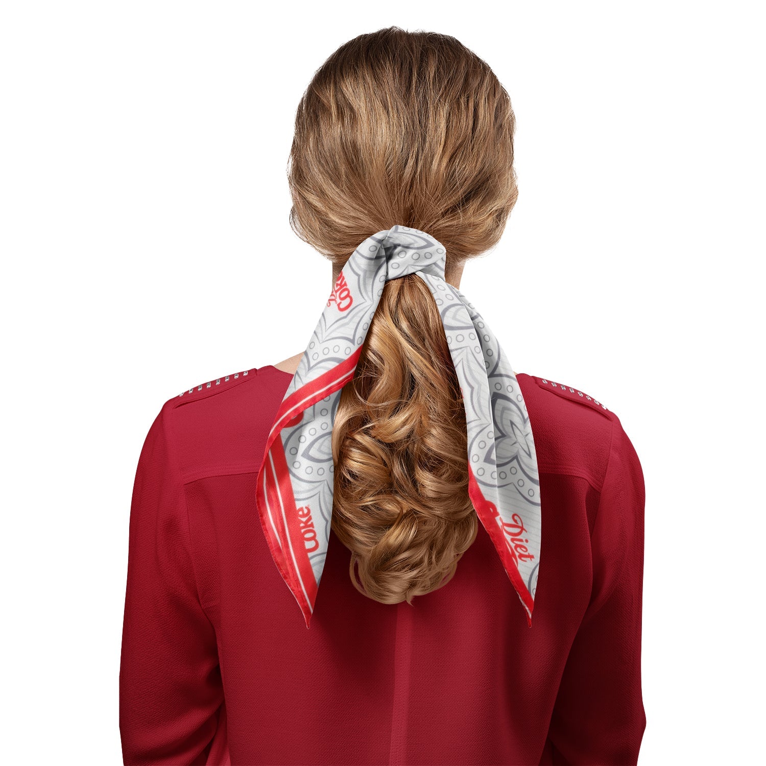 Diet Coke Satin Scarf with Grey Geometric Print and Red Border - Image 4