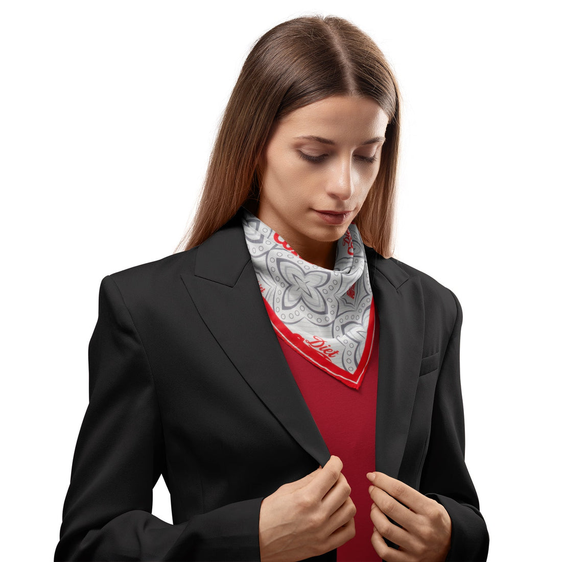 Diet Coke Satin Scarf with Grey Geometric Print and Red Border - Image 5