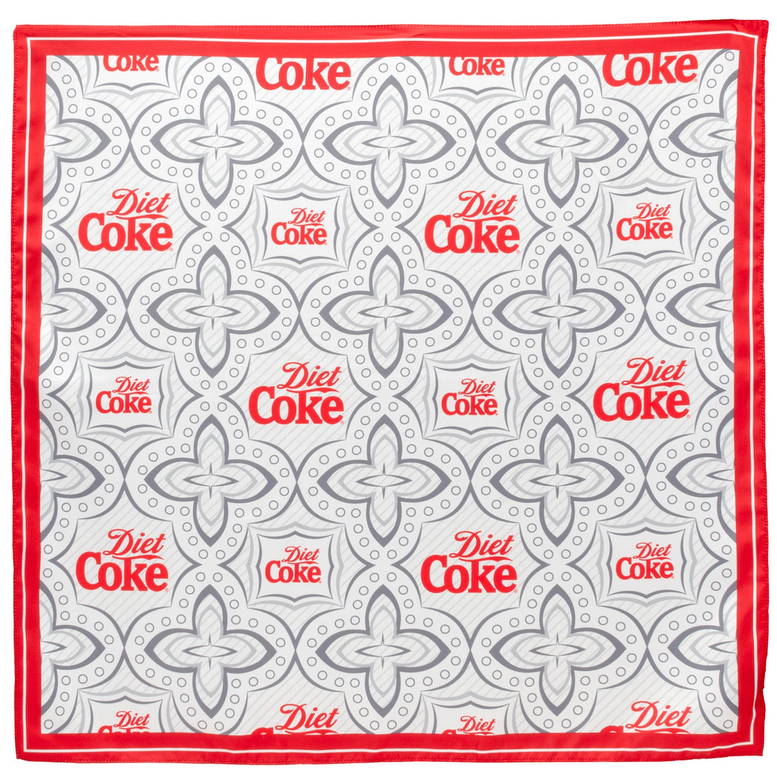 A square satin Diet Coke scarf featuring a grey and white geometric pattern with a vibrant red border and red Diet Coke logos.