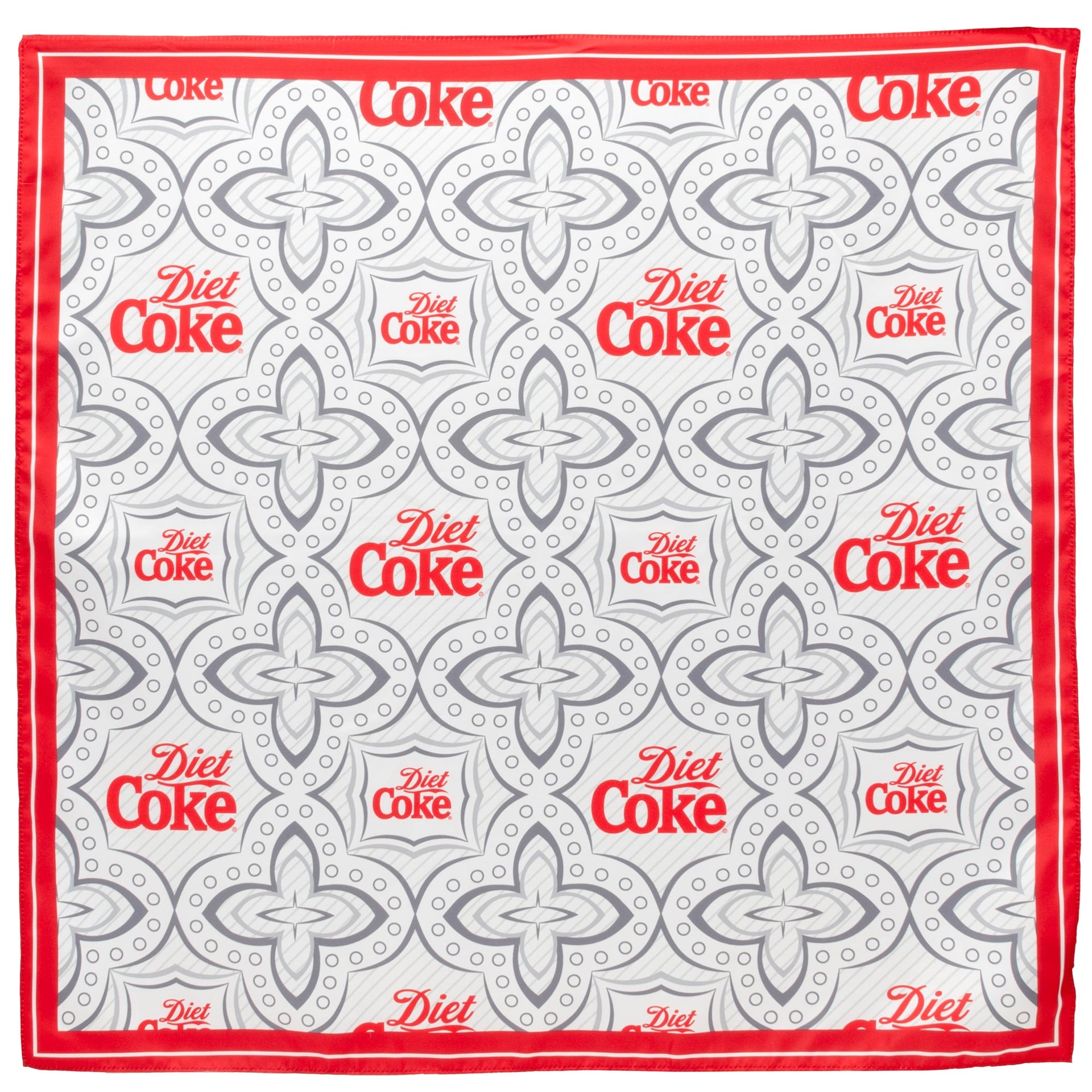 A square satin Diet Coke scarf featuring a grey and white geometric pattern with a vibrant red border and red Diet Coke logos.
