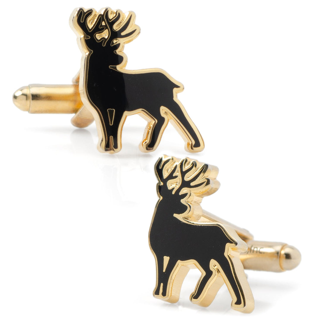 Close-up of gold-plated cufflinks featuring a black enamel stag deer silhouette.