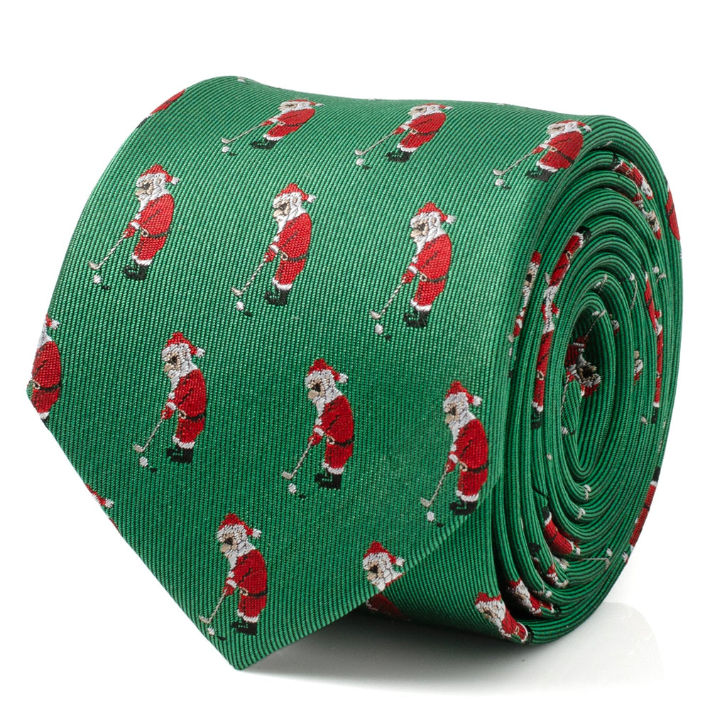 Close up of a men's Kelly green necktie with a pattern of Santa Claus playing golf in his red suit.