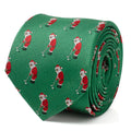Close up of a men's Kelly green necktie with a pattern of Santa Claus playing golf in his red suit.