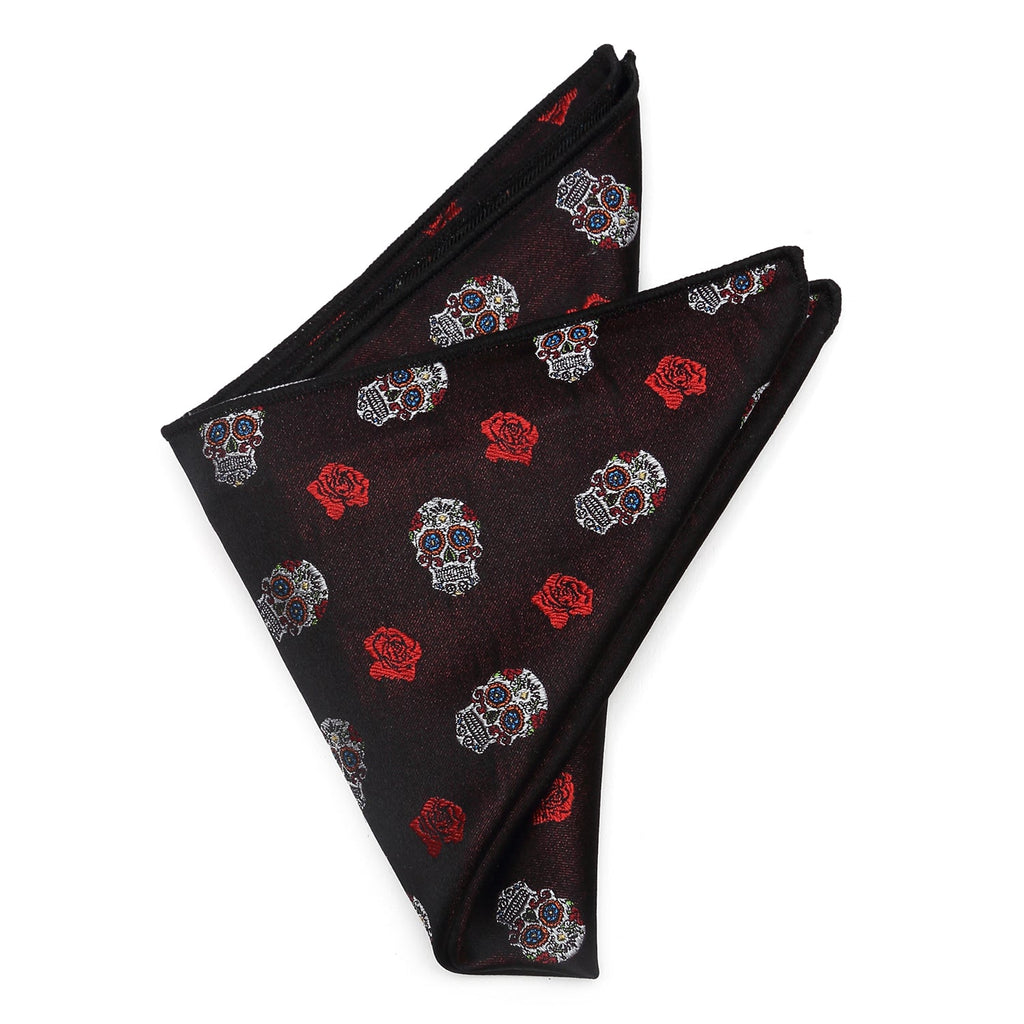 Silk Sugar Skull Pocket Square in Black with Red Rose Pattern - Image 3
