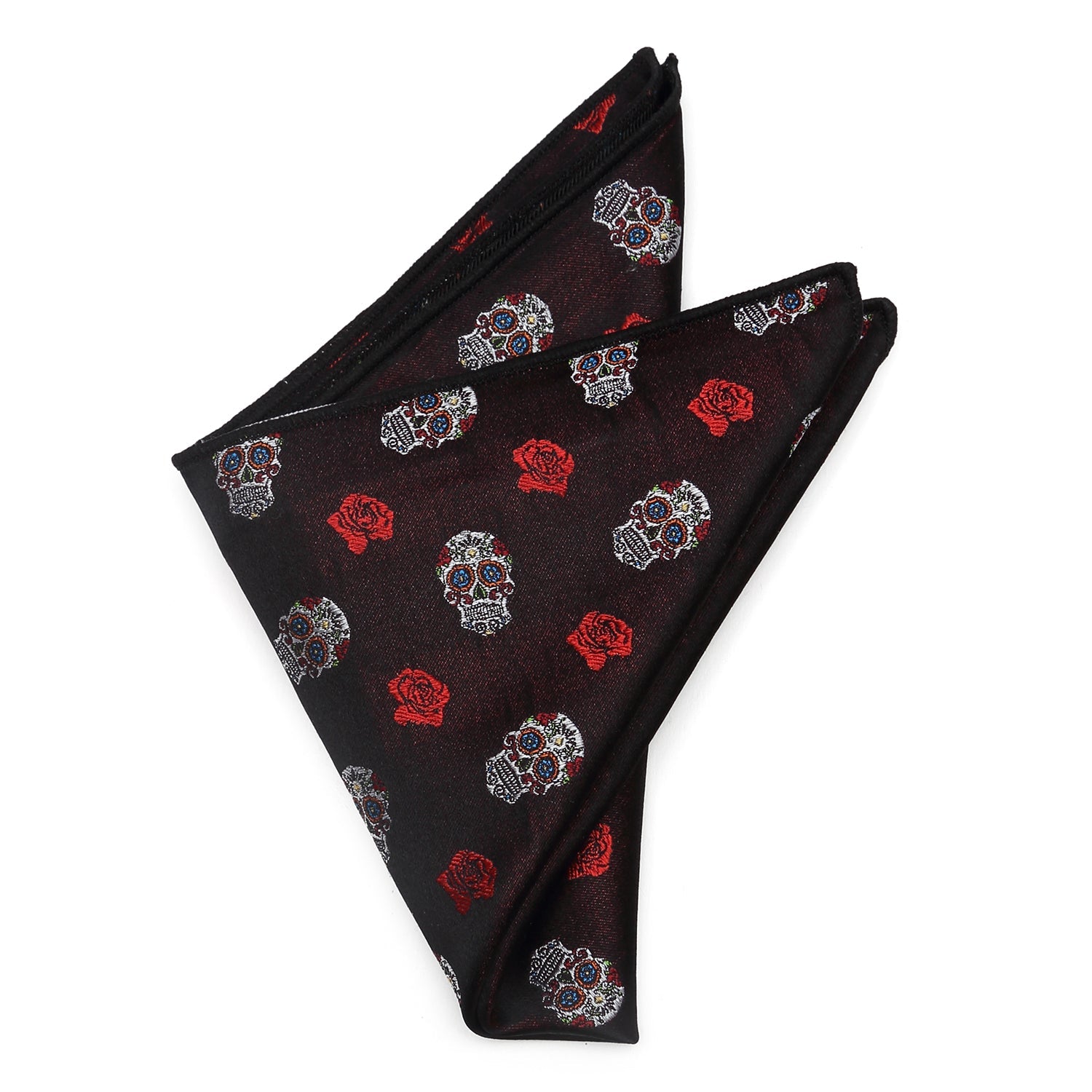 Silk Sugar Skull Pocket Square in Black with Red Rose Pattern - Image 3