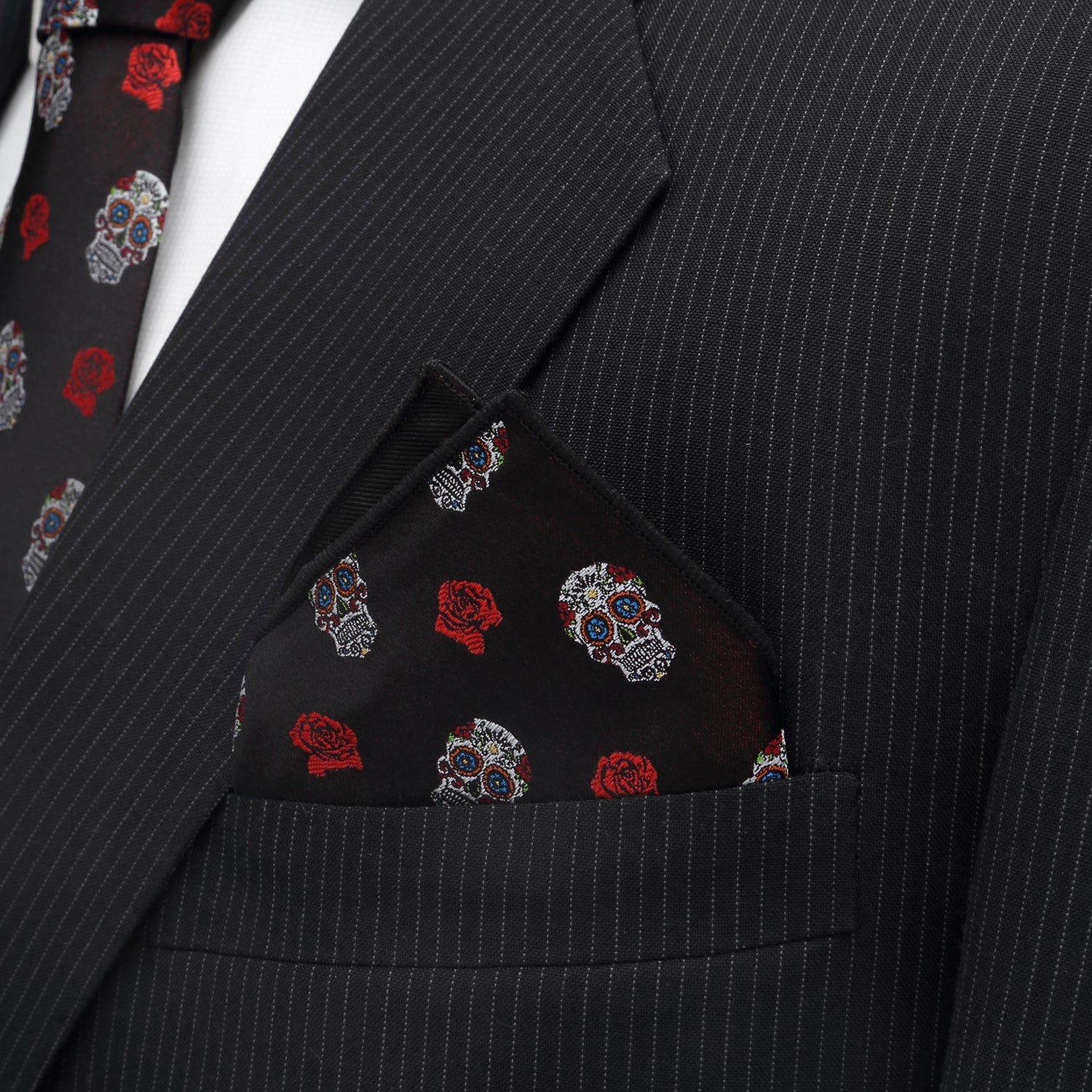 Silk Sugar Skull Pocket Square in Black with Red Rose Pattern - Image 4