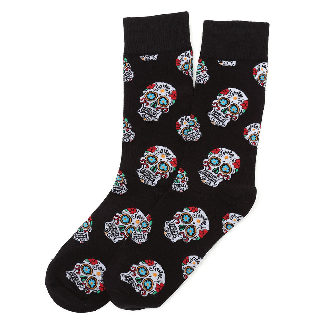 Sugar Skull Pattern Crew Socks in Black with Colorful Detail - Image 2